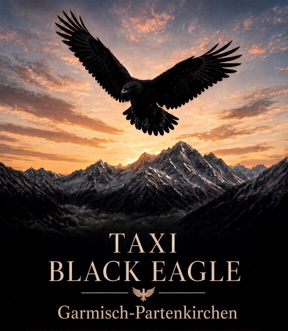 Schwarzer Adler über der Berglandschaft mit dem Schriftzug Taxi Black Eagle Garmisch-Partenkirchen